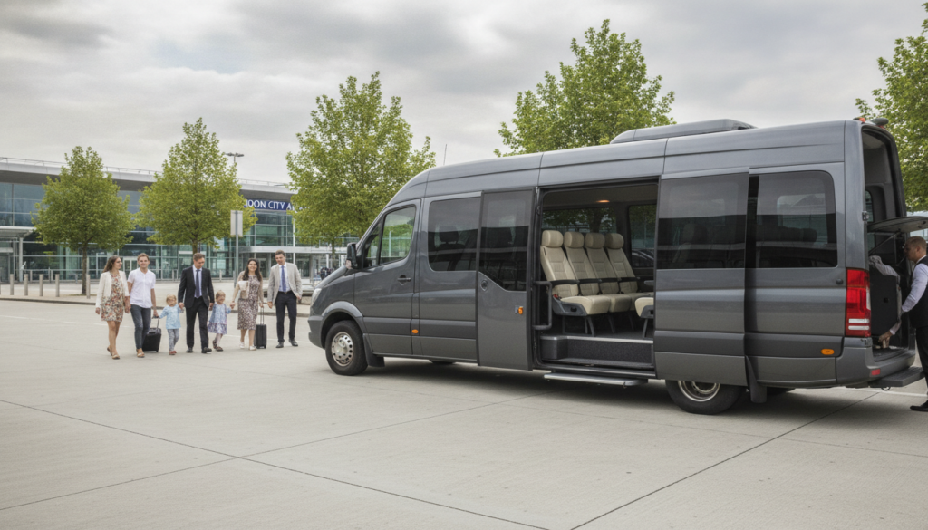 Beyond the Car Seat: Spacious LCY Transfers for Families — executive minibus meeting a group at London City Airport