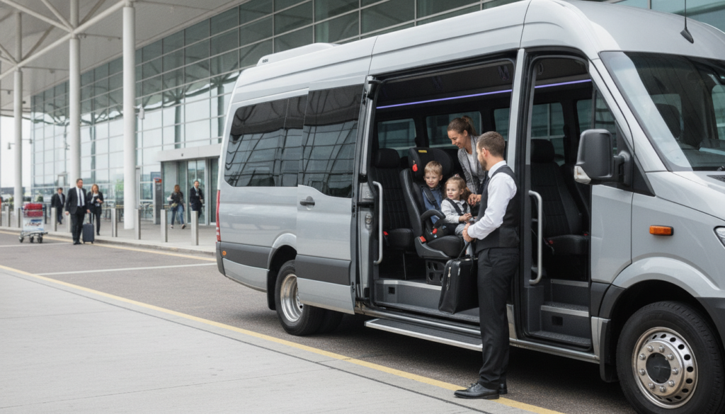 Minibus Comfort for Little Ones: Family Airport Transfers to LCY — executive minibus meeting a group at London City Airport