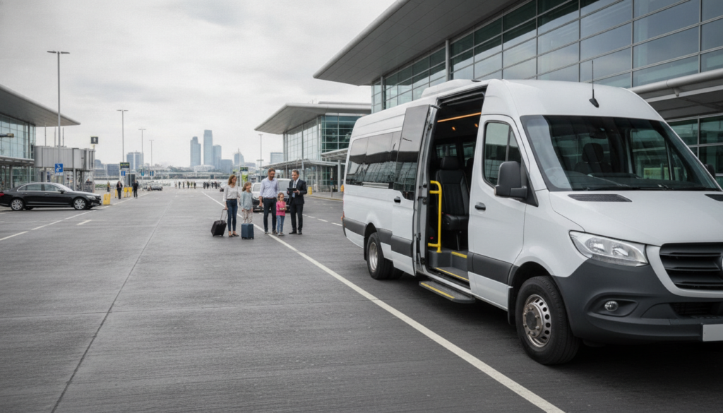 Room for All: London City Airport Minibus for Family Holidays — executive minibus meeting a group at London City Airport