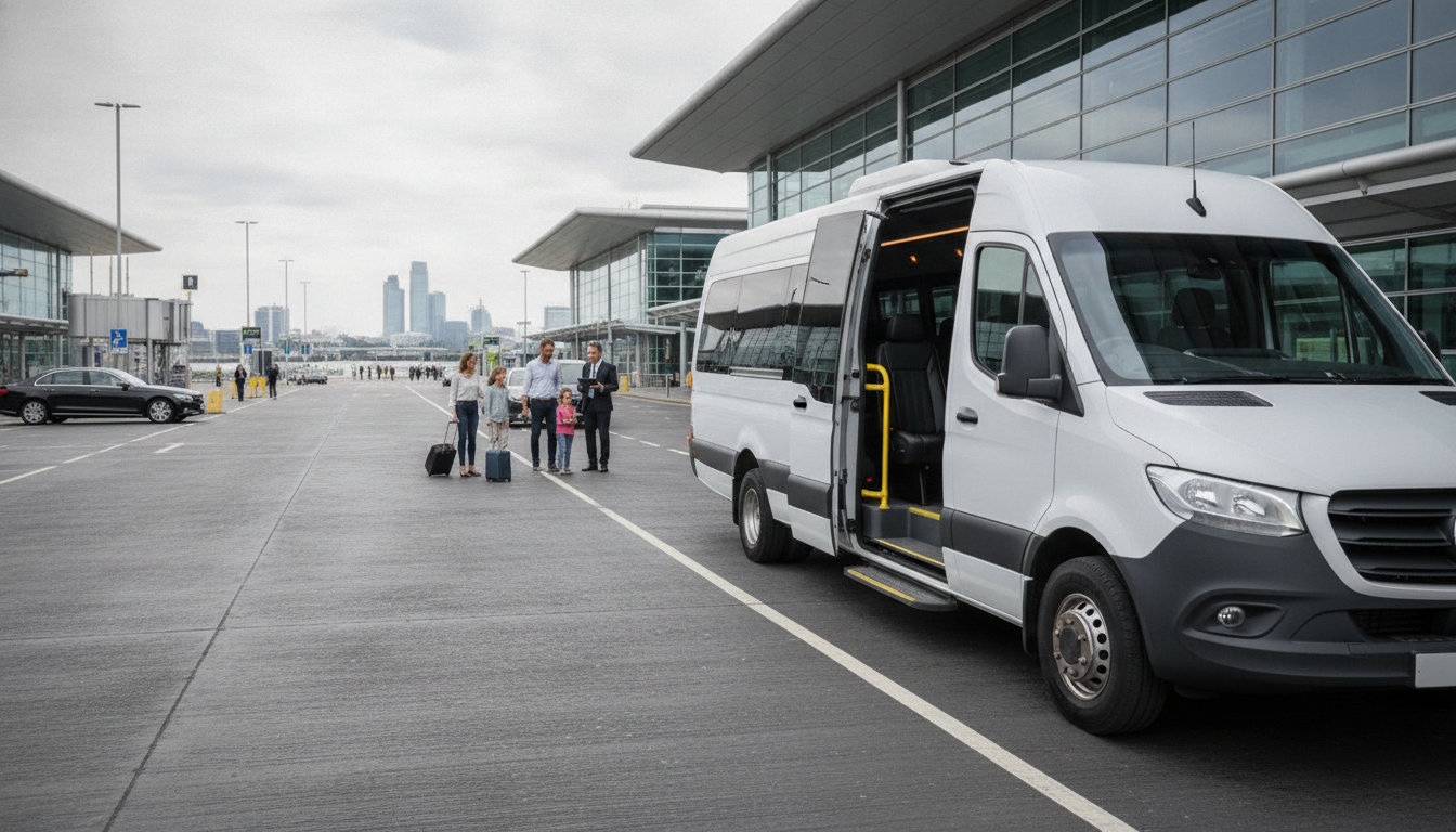Room for All: London City Airport Minibus for Family Holidays — executive minibus meeting a group at London City Airport