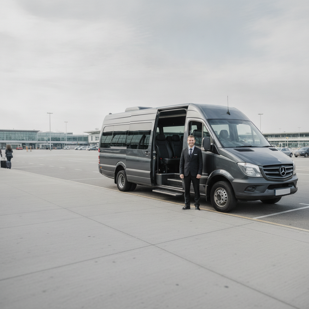 Home — executive minibus meeting a group at London City Airport
