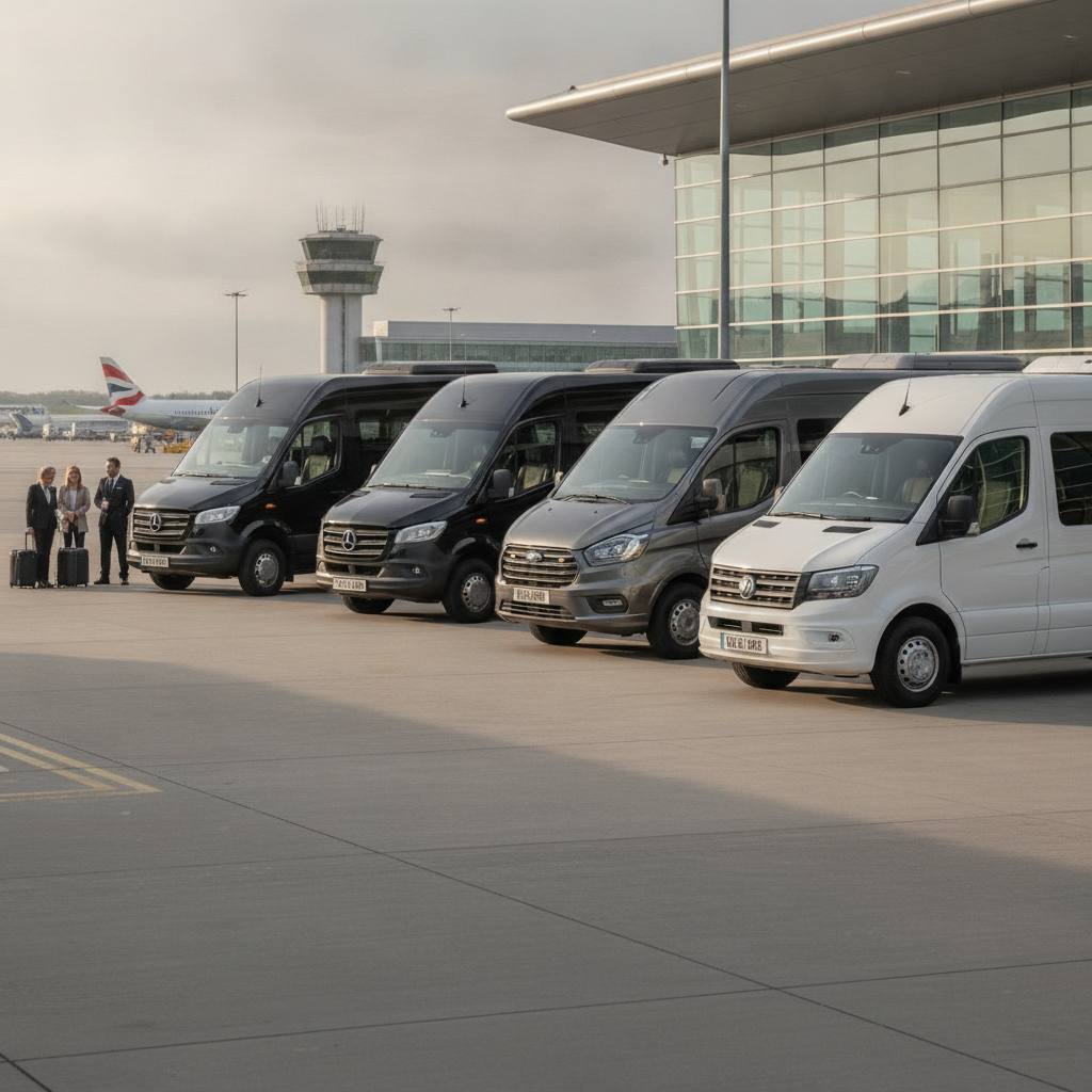 Our minibus Fleet for London City Transfers — executive minibus meeting a group at London City Airport