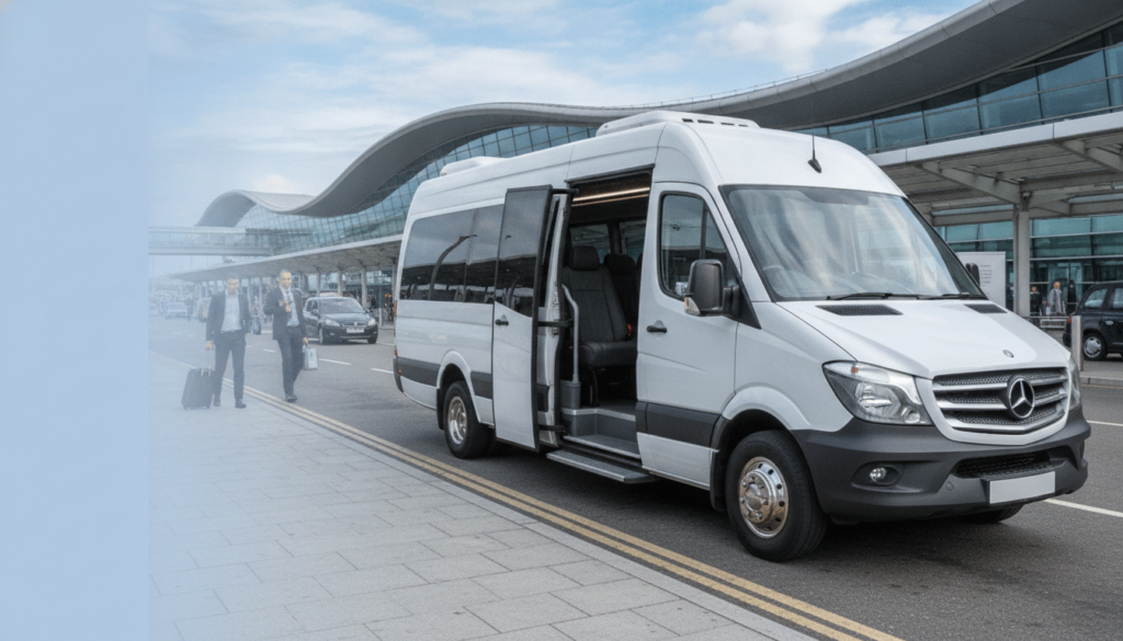 Seamless Corporate Travel: Executive Minibus Transfers for LCY Groups — executive minibus meeting a group at London City Airport