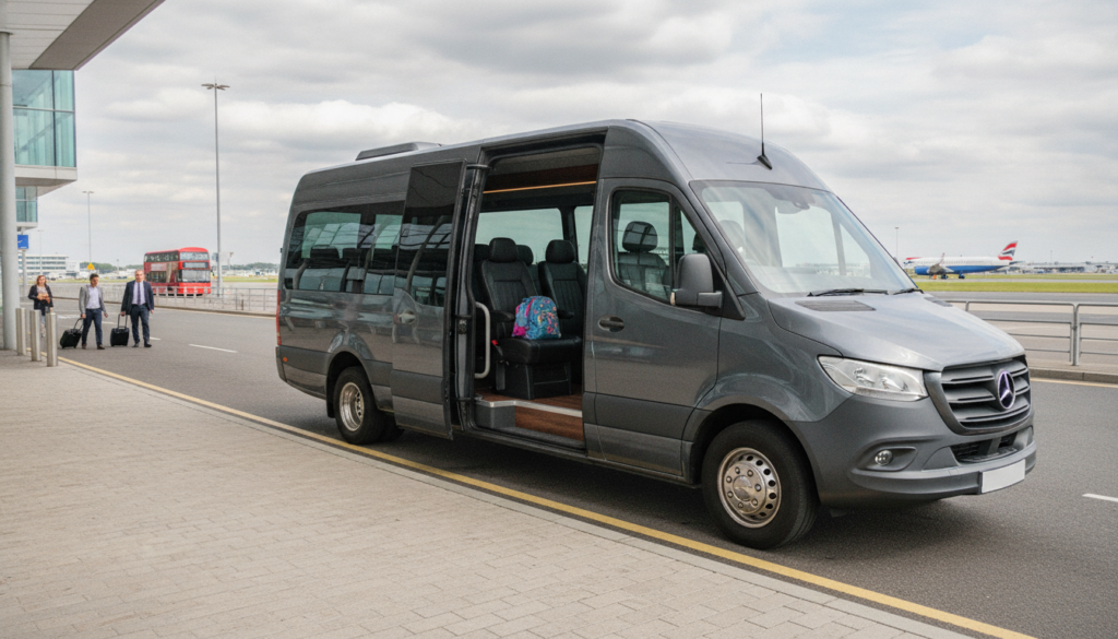 Smooth Journeys: Keeping the Peace on Family Trips to London City Airport — executive minibus meeting a group at London City Airport