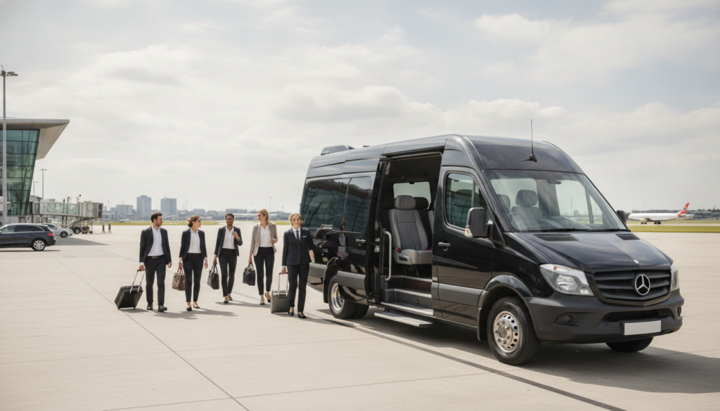 From Boardroom to Gate: Efficient LCY Transfers for Business Teams — executive minibus meeting a group at London City Airport